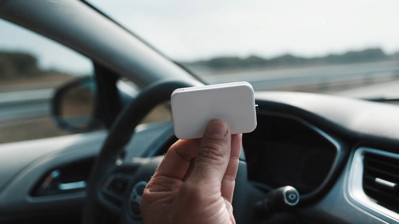 A driver holding a blank white electronic toll tag inside a car before fitting it to the windscreen