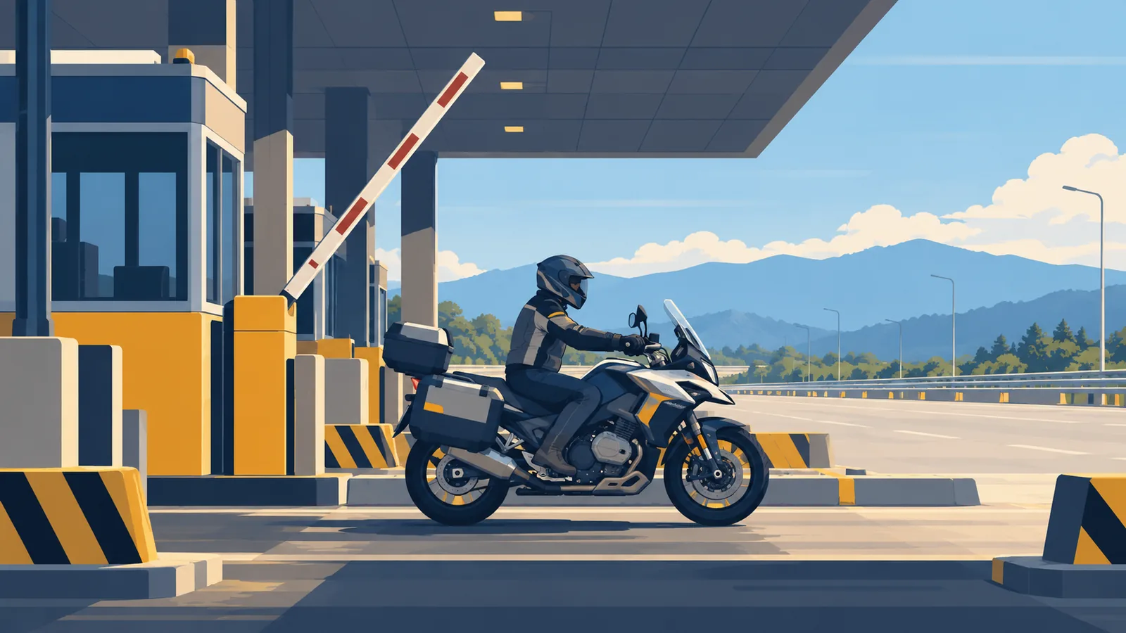 Illustration of a large touring motorcycle with a helmeted rider passing through an expressway toll lane with the barrier raised