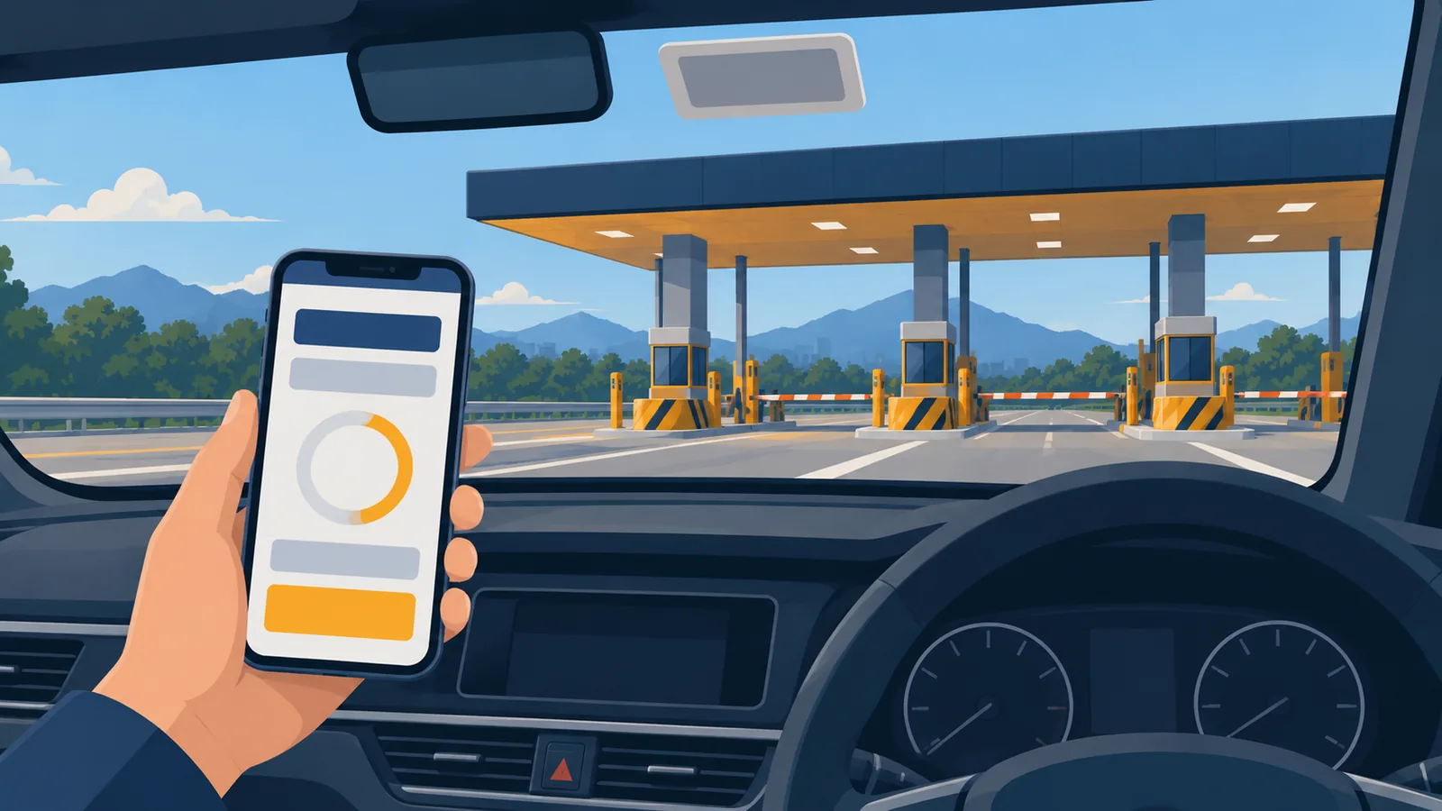 Illustration of a driver topping up a toll RFID account on a phone, with a toll plaza ahead and the RFID sticker at the top of the windscreen
