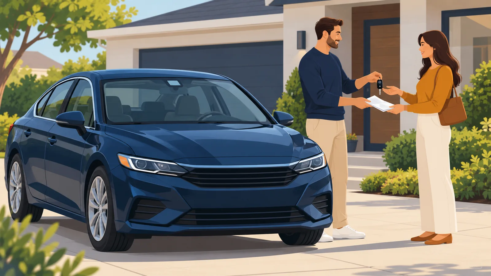 Illustration of a car being handed over in a driveway, with the RFID sticker visible at the top of the windscreen