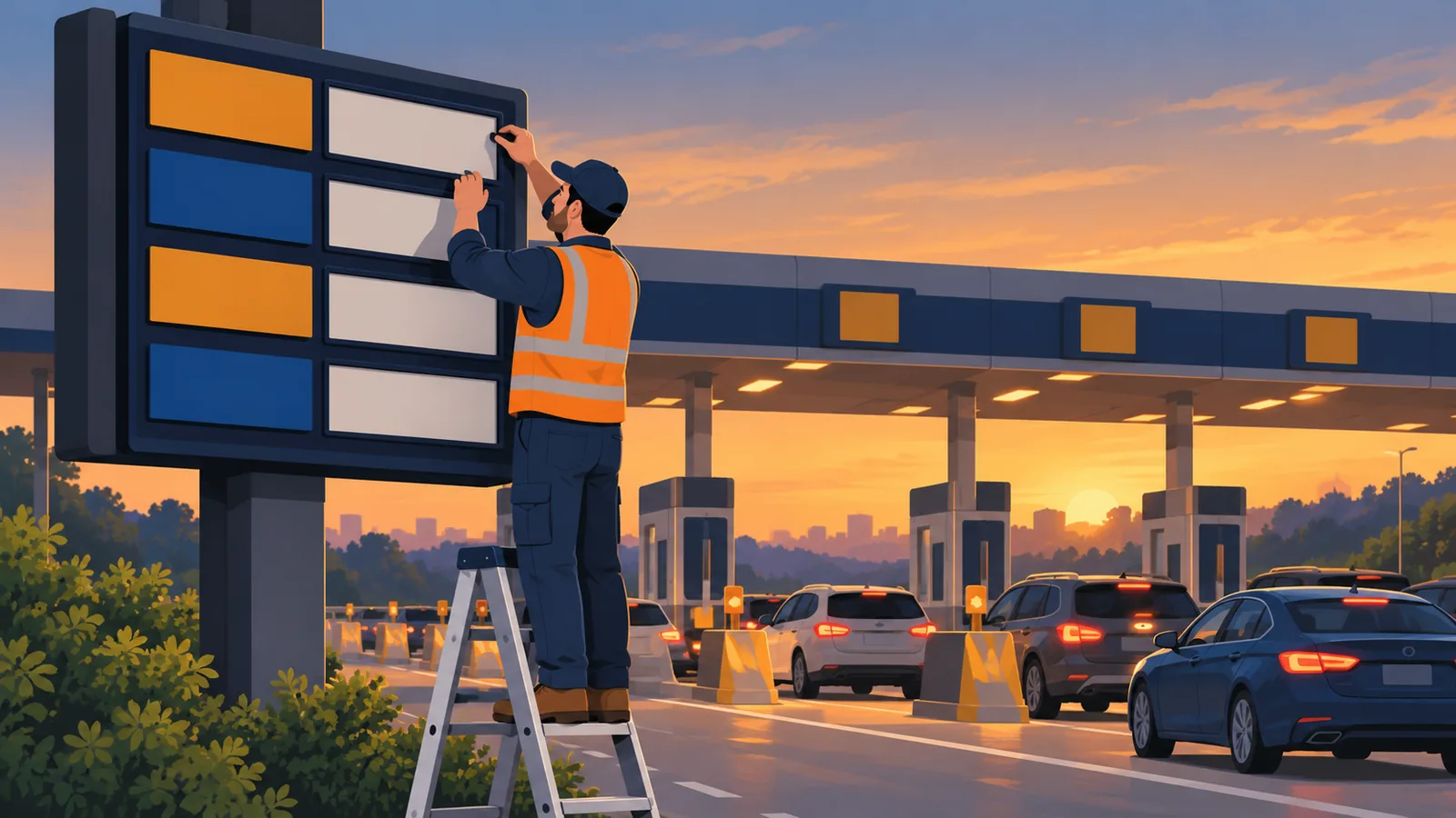 Illustration of a worker on a ladder updating a blank rate board beside an expressway toll plaza at dusk