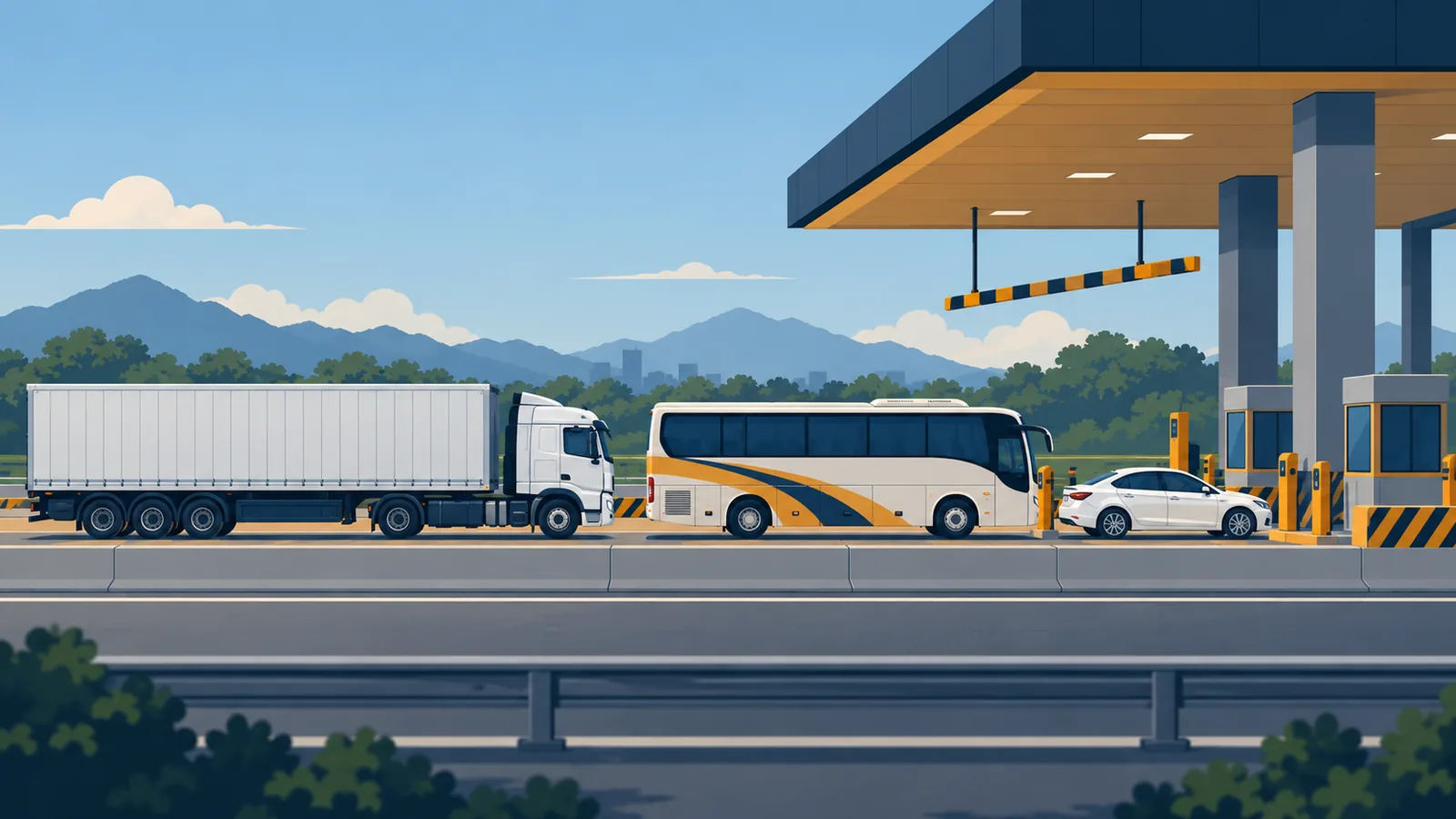 Illustration of a sedan, a bus and a trailer truck queued at a Philippine expressway toll lane under a height-limit bar